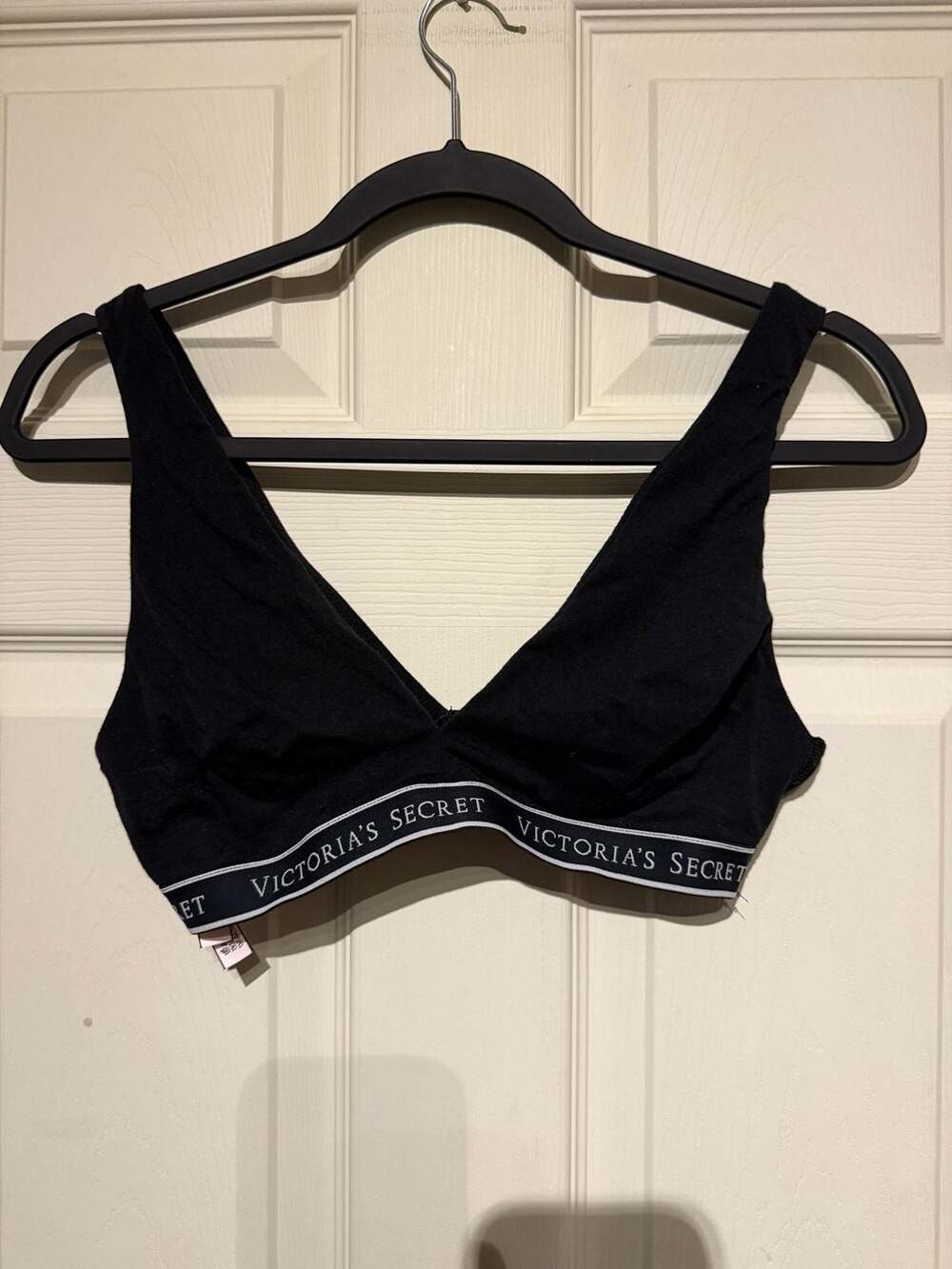 Victoria's Secret Wireless Cotton Plunge Bralette Size M Black Logo Band